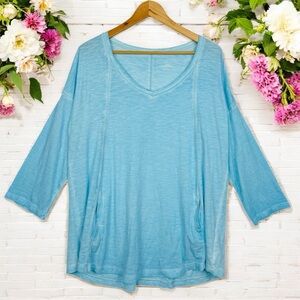 Soft Surroundings Heathered Knit V Neck Long Sleeve Slouchy Tunic Tee Blue M